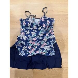 Navy Blue Floral Swim Dress Plus Size 4XL Tiered Tankini Set Two Piece Swimsuit